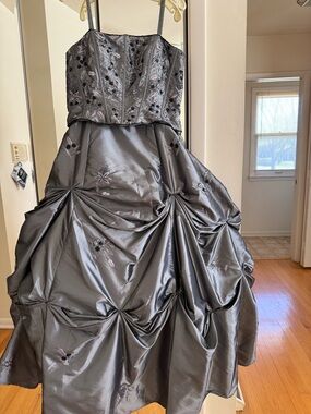 Elegant Gray Metallic Ball Gown Dress with Embroidered Bodice